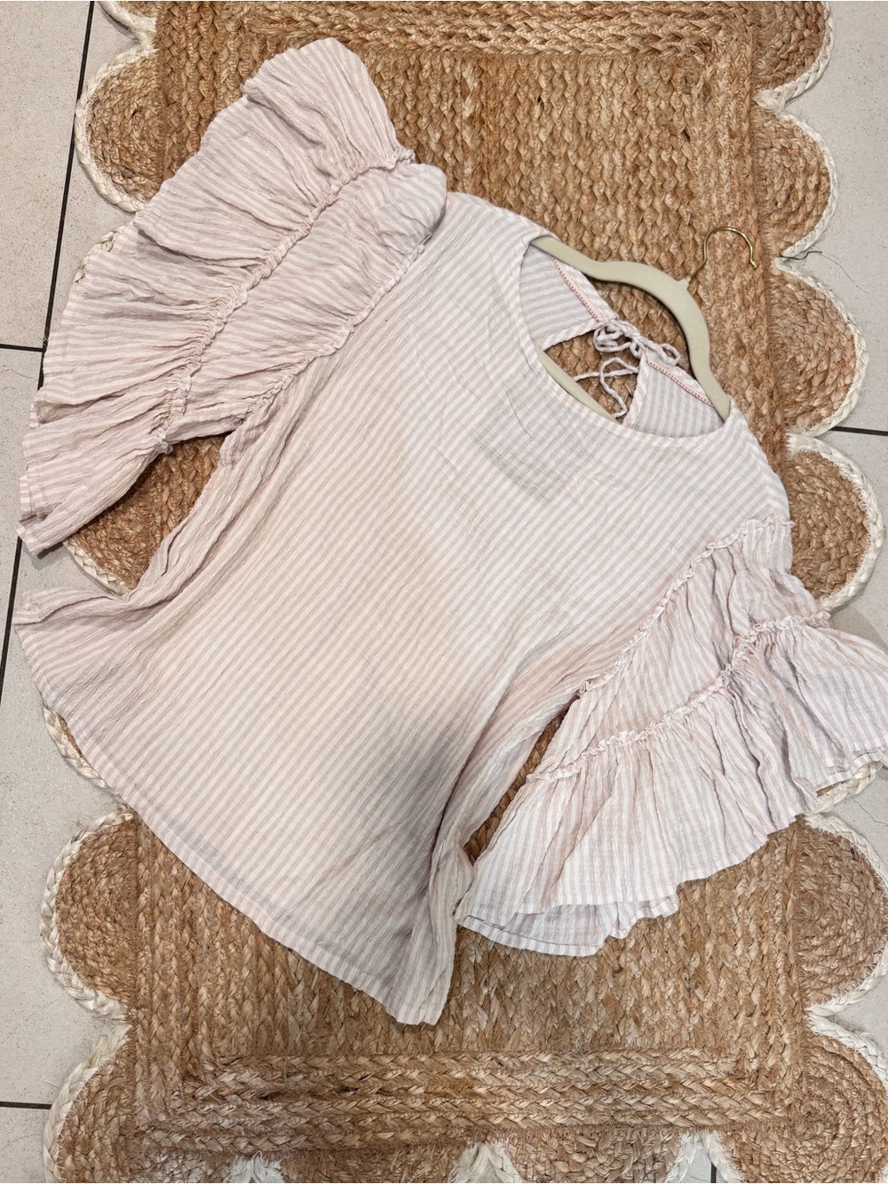 Light Pink Striped Ruffle Sleeve Blouse